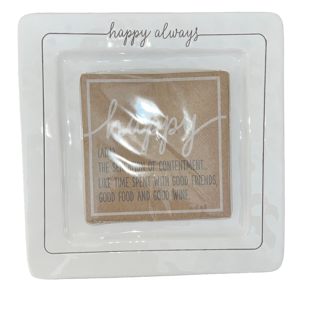 Mud Pie Happy Always Cheese Plate with Napkins Set, 9 x 9"